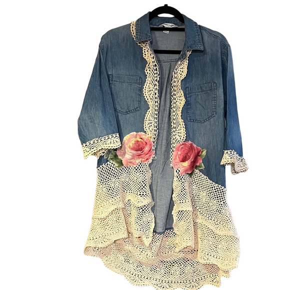 Old Navy Tops - Denim shirt with Lace and Floral Accents box 7